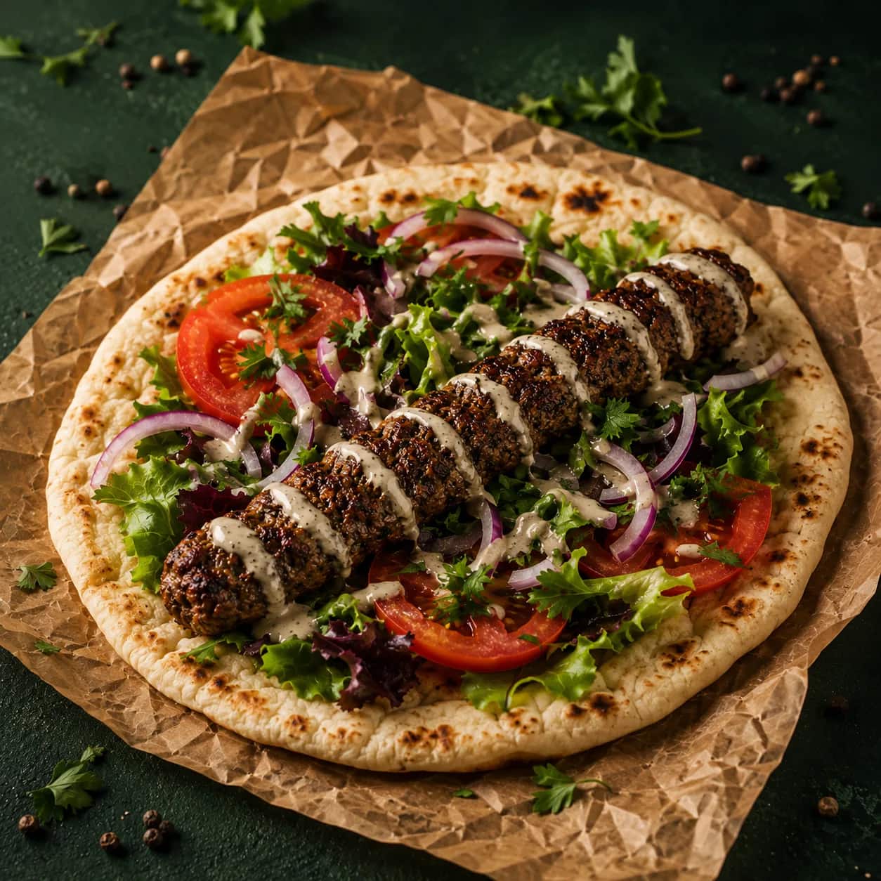 Kefta kebab wrap with one long grilled skewer over flatbread