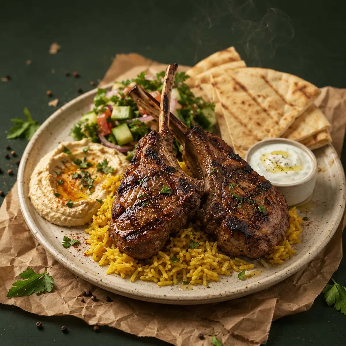 Grilled lamb chops over saffron rice with hummus, salad, and pita